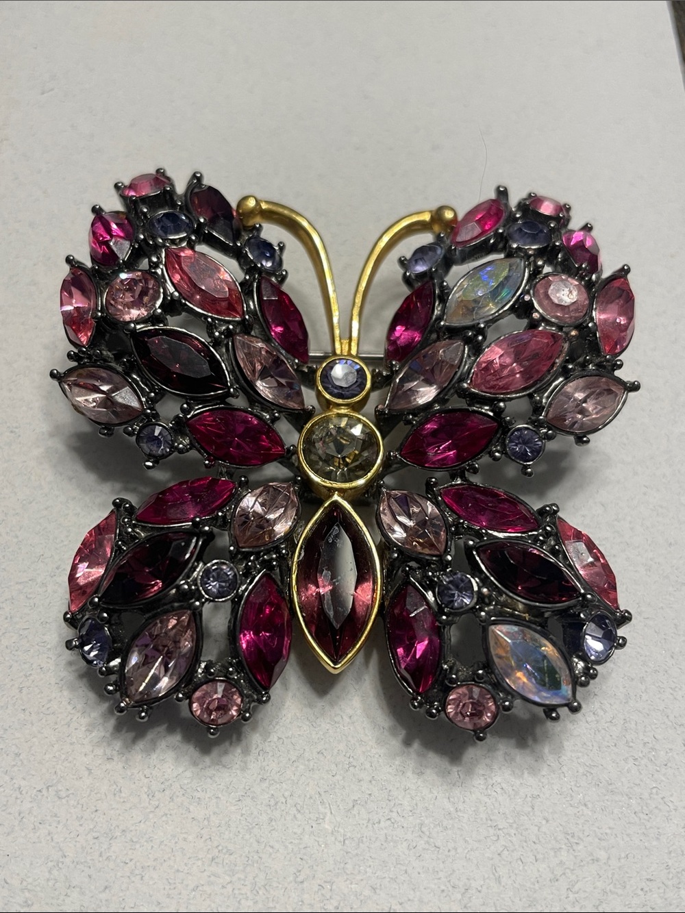 Joan Rivers Signed Large Spring Butterfly Pink Purple Rhinestone Brooch Pin